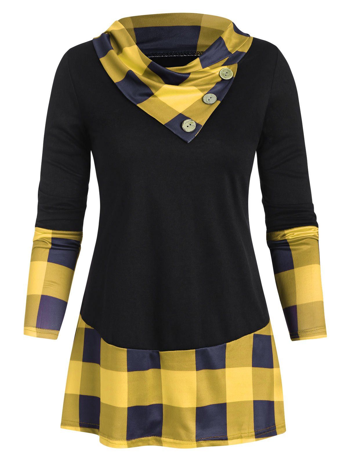 

Plaid Panel Buttons Long Sleeves Tee, Yellow