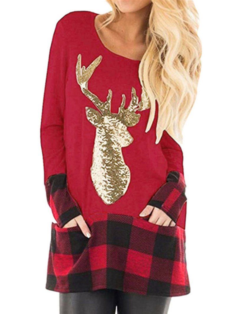 

Christmas Plaid Sequin Elk Pocket T-shirt, Red