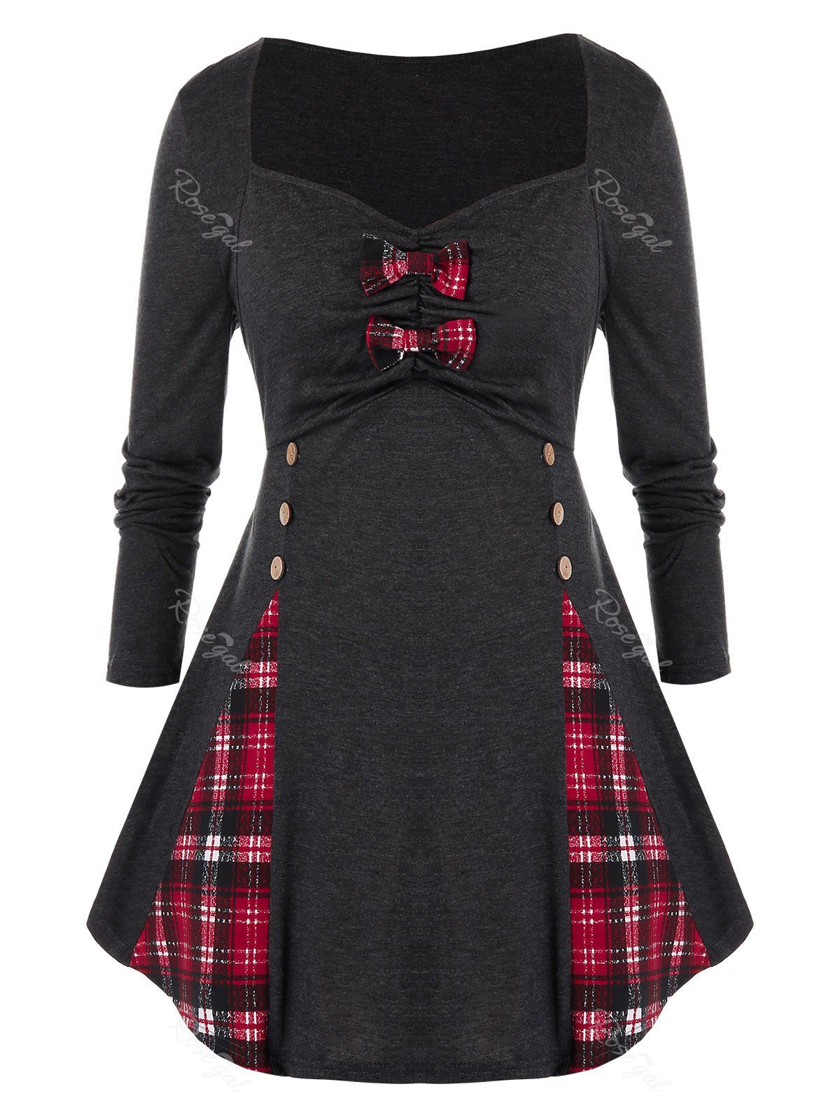 

Plus Size Plaid Panel Bowknot Sweetheart Neck Tunic Tee, Dark gray