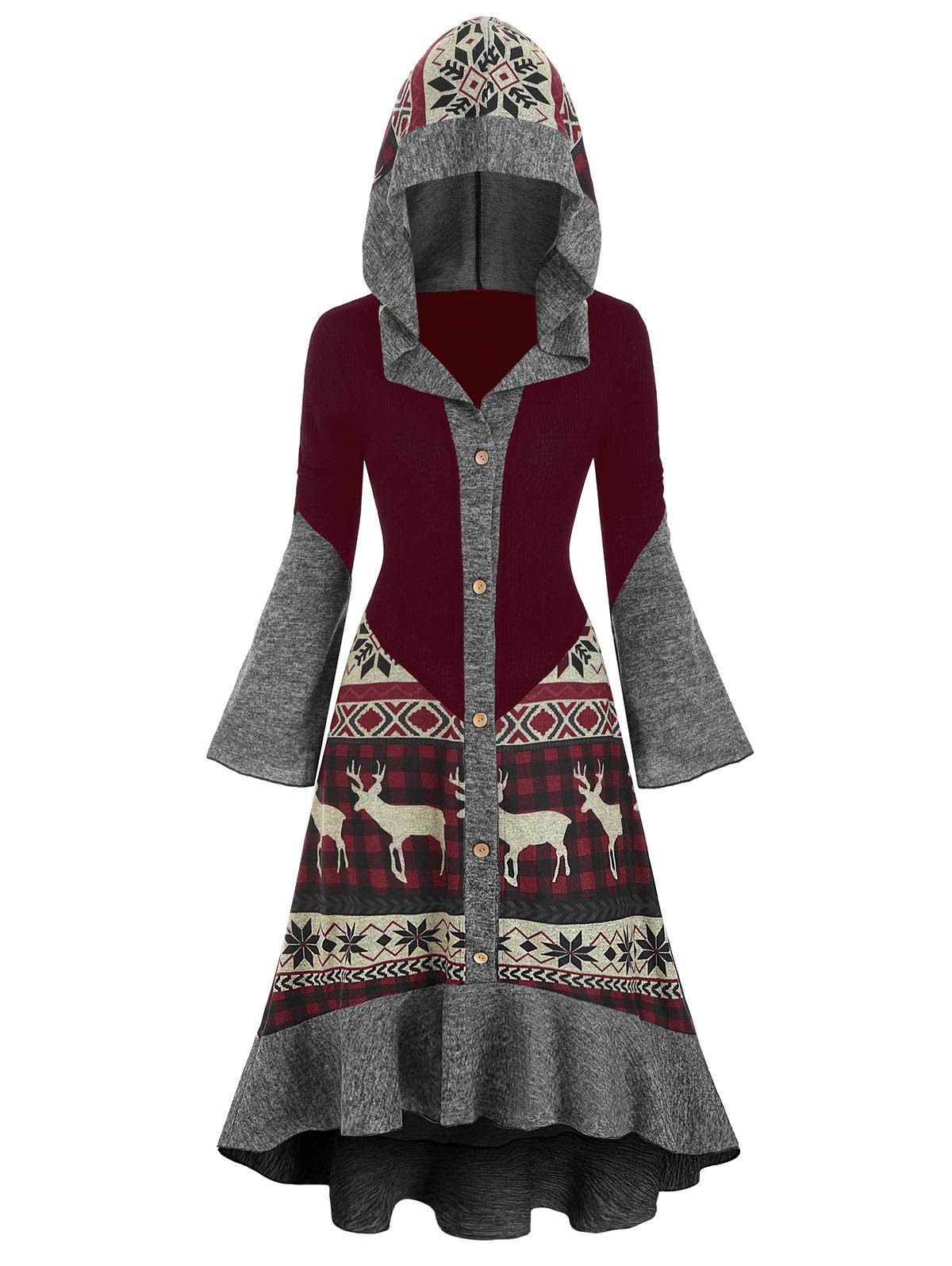 

Christmas Elk Hooded Flippy Hem Knitted Dress, Multi-b