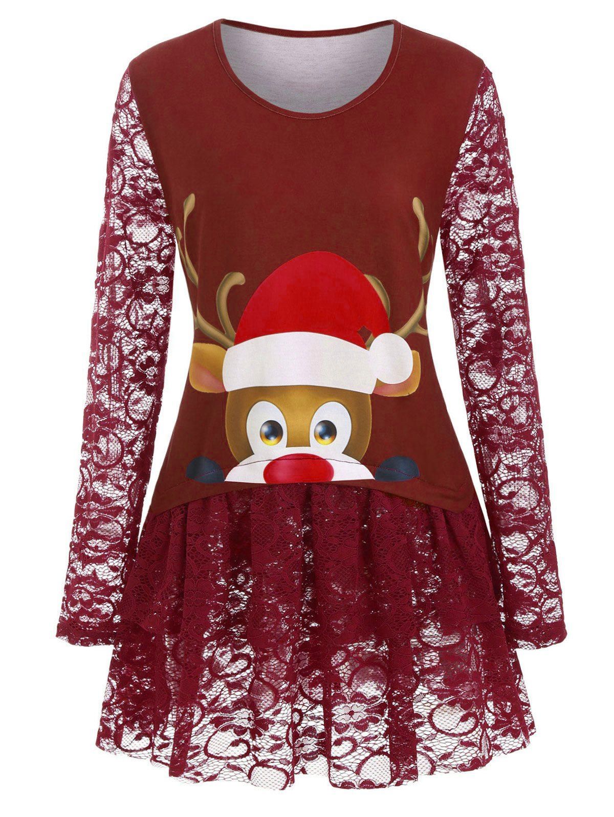 

Lace Panel Christmas Elk Graphic Long Sleeve Top, Red wine