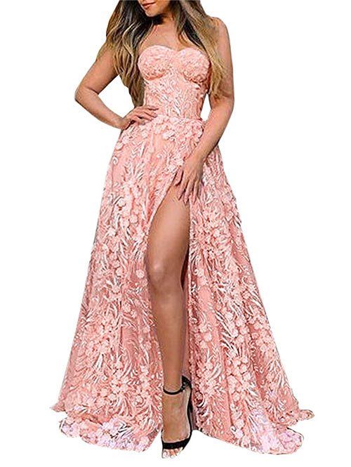 

Flower Embroidered Slit Maxi Strapless Dress, Pink