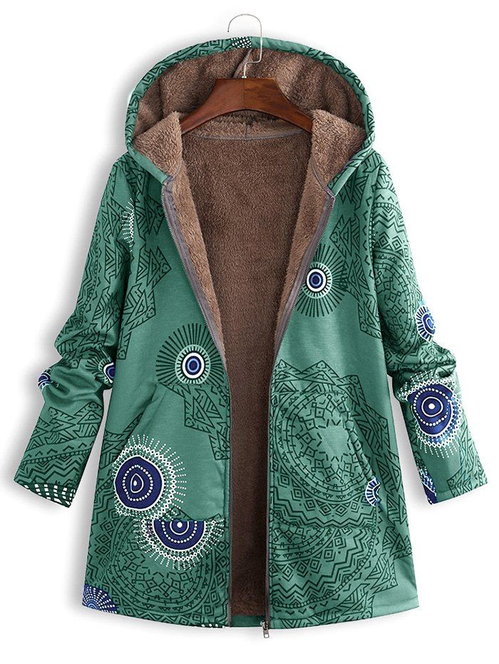 

Hooded Printed Plush Lining Front Pocket Coat, Light sea green