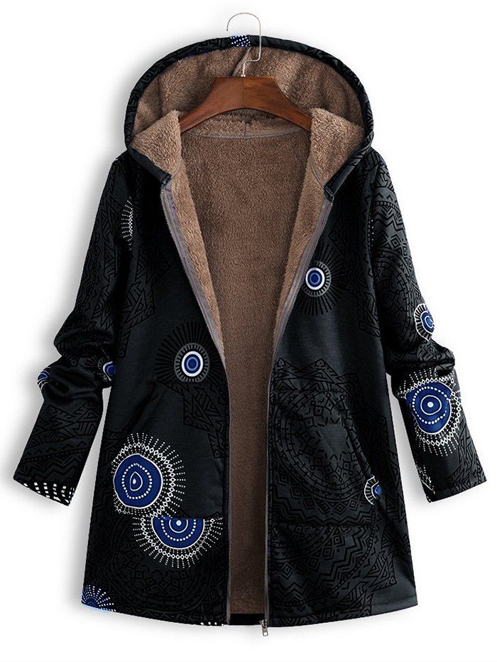 

Hooded Printed Plush Lining Front Pocket Coat, Black