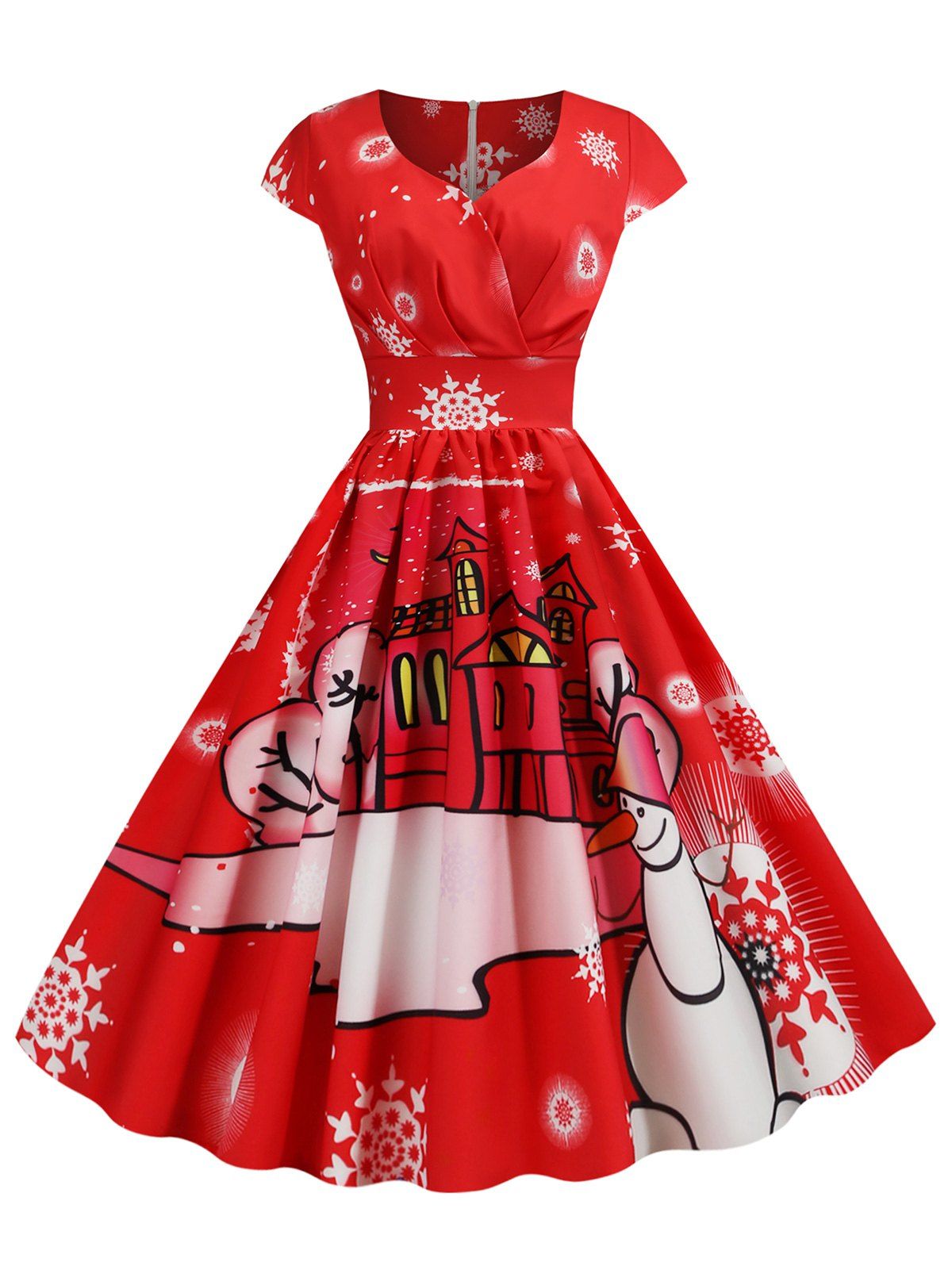 

Pleated Christmas Santa Claus Elk Snowman Print Surplice Dress, Red