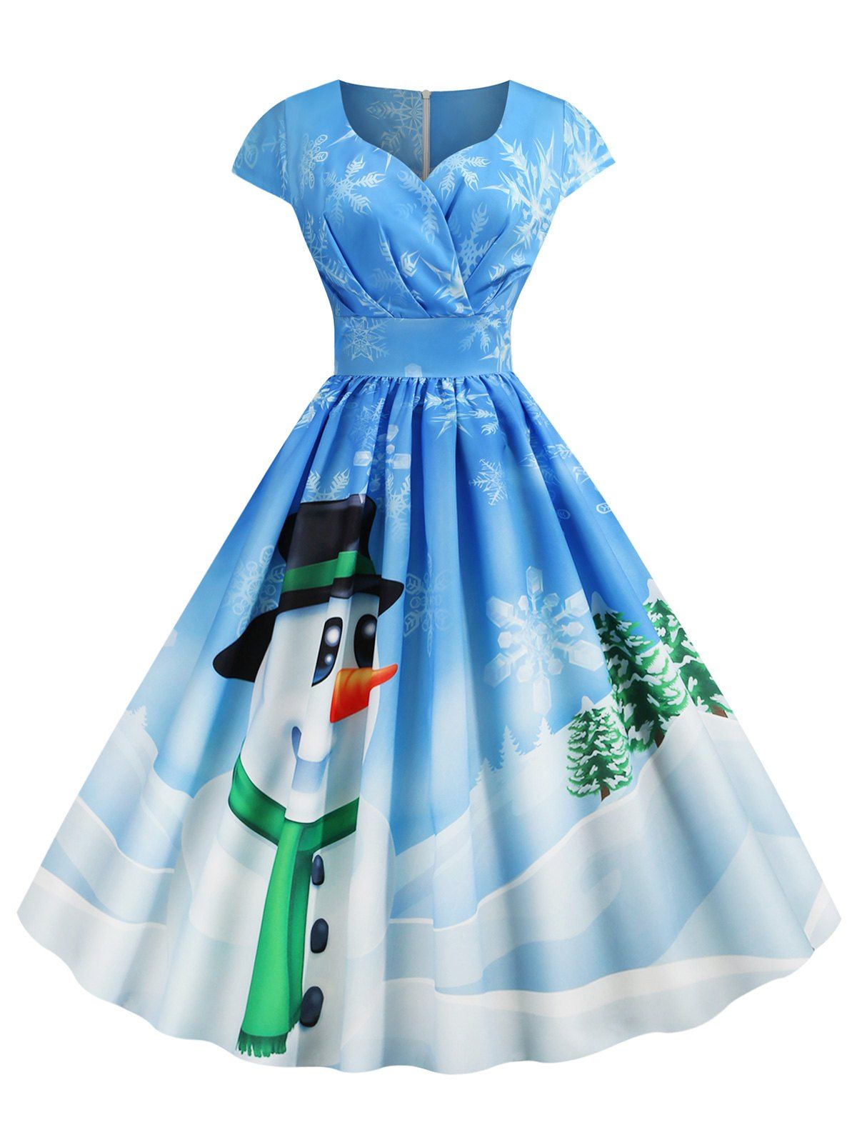 

Pleated Christmas Santa Claus Elk Snowman Print Surplice Dress, Day sky blue