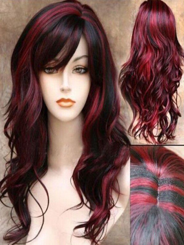 

Synthetic Side Bang Long Body Wave Mixed Wig, Red wine
