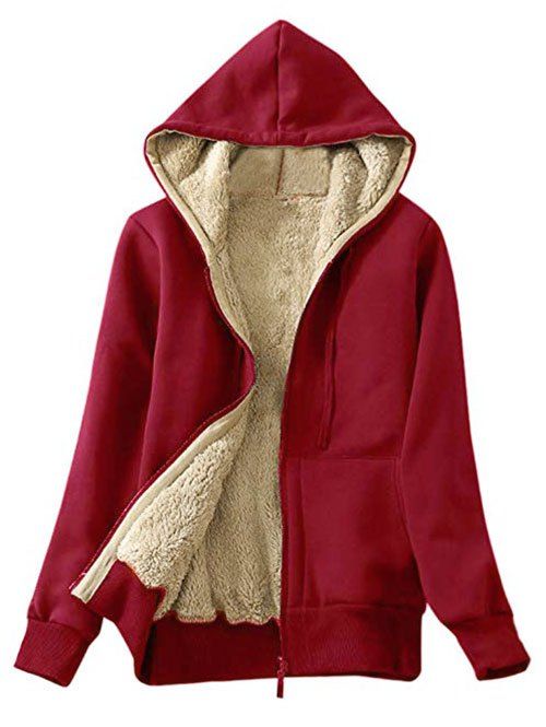 

Hooded Faux Shearling Lining Front Pocket Jacket, Cherry red