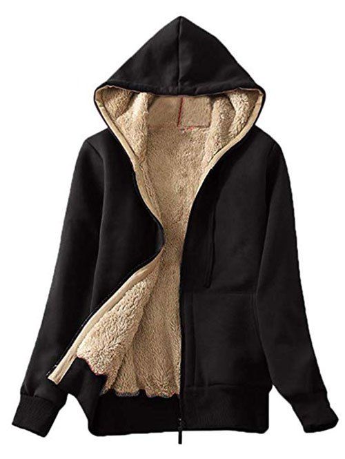

Hooded Faux Shearling Lining Front Pocket Jacket, Black