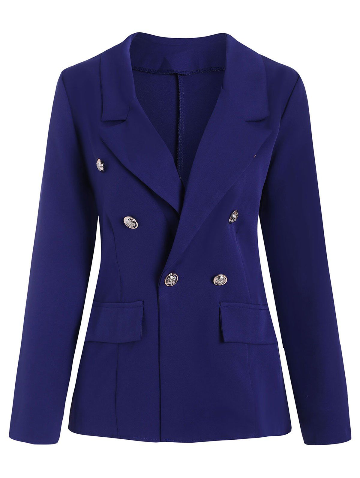 

One Button Faux Pockets Plain Blazer, Blue