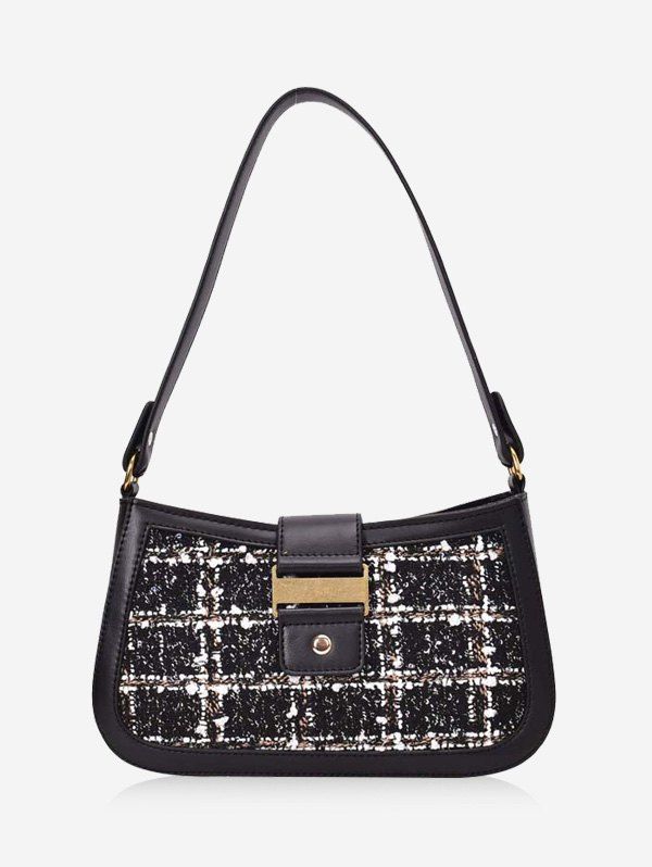 

PU Leather Trim Tweed Shoulder Bag, Black