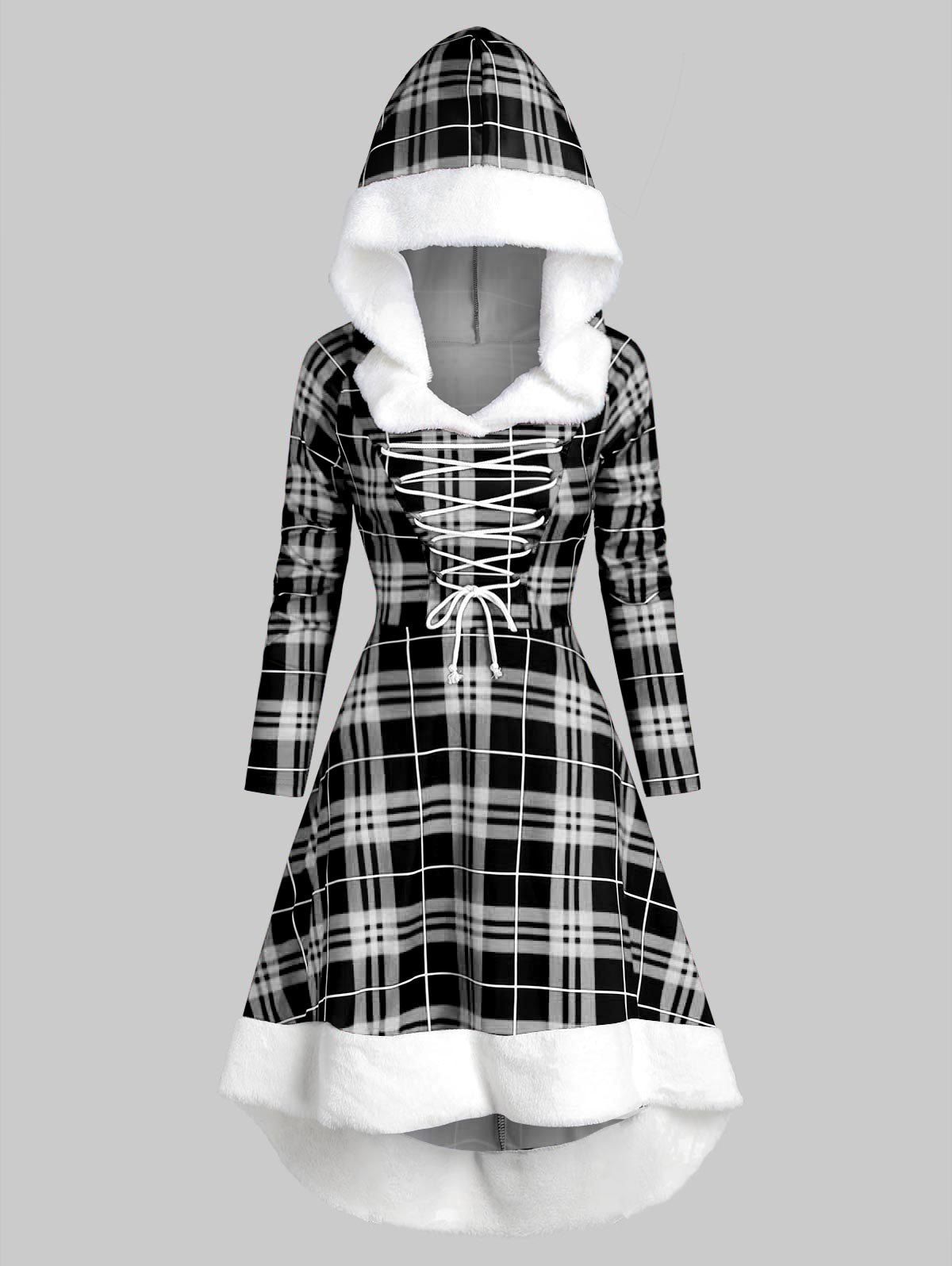 

Hooded Lace Up Dip Hem Plaid Faux Fur Panel Dress, White
