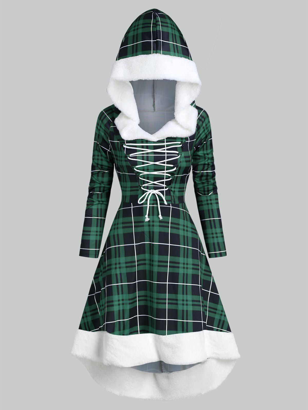 

Hooded Lace Up Dip Hem Plaid Faux Fur Panel Dress, Deep green