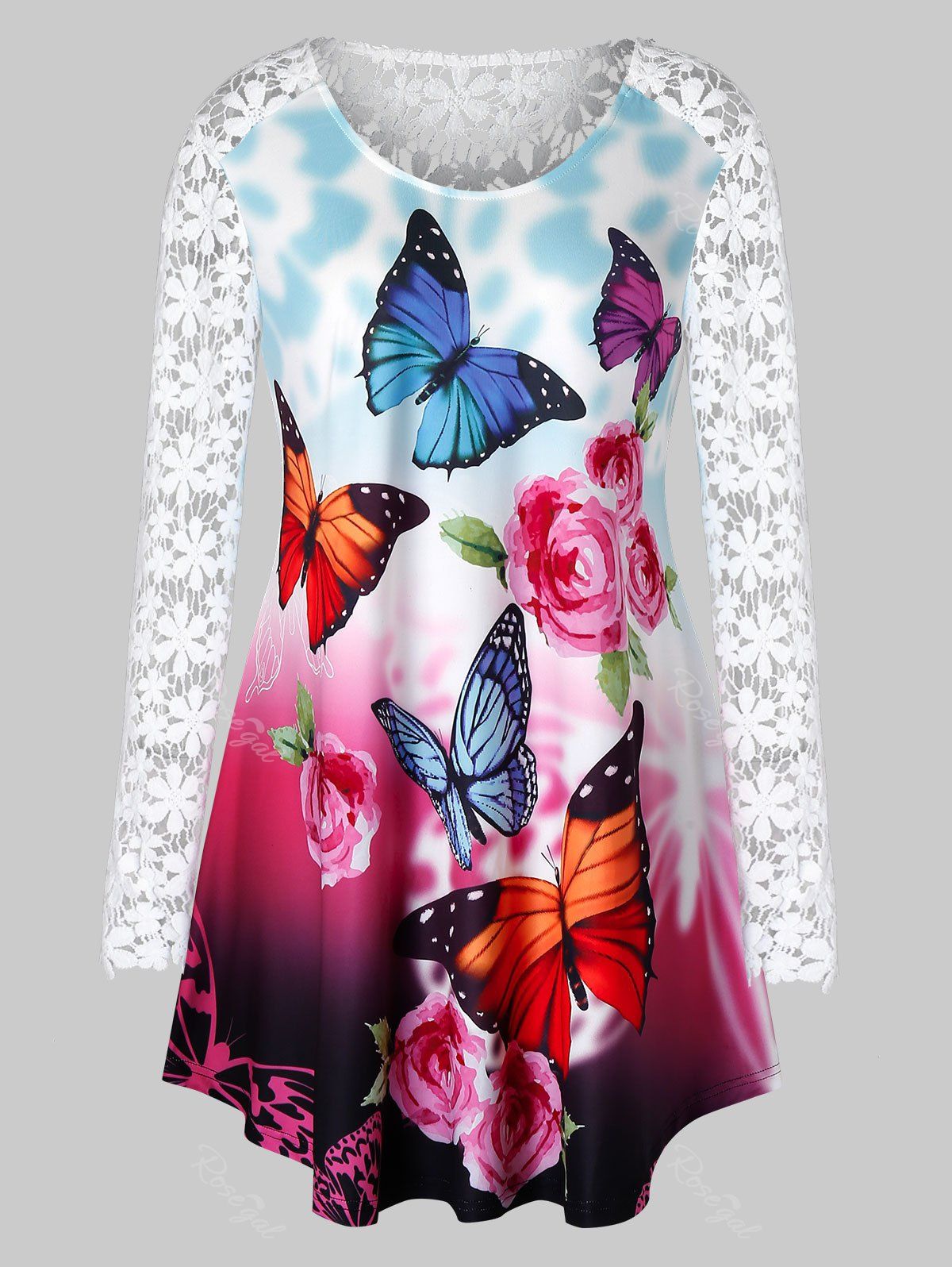 

Plus Size Butterfly Print Flower Crochet Long Sleeve Tee, Multi