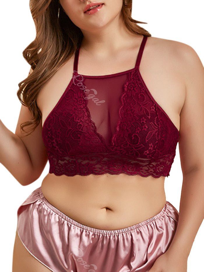 

Lingerie Scalloped Hem Criss Cross Lace Plus Size Bralette, Red wine