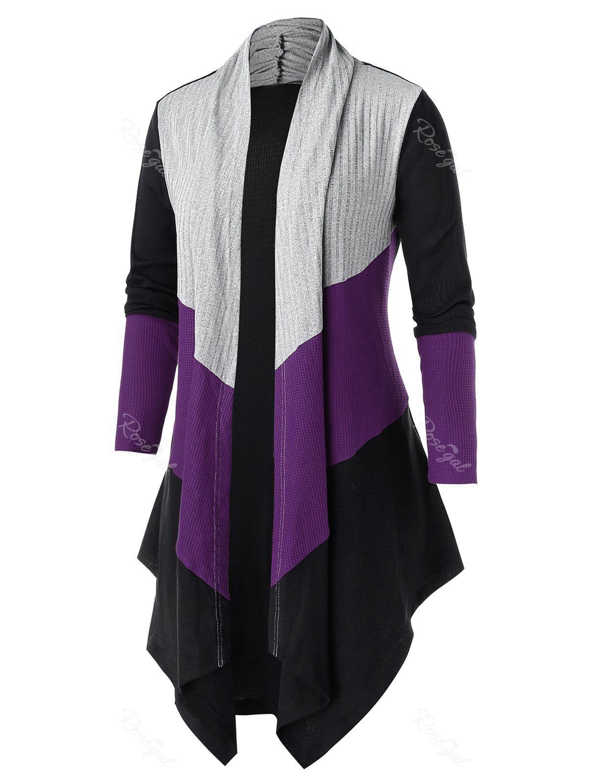 

Plus Size Color-blocking Open Asymmetric Tunic Knit Cardigan, Purple sage bush