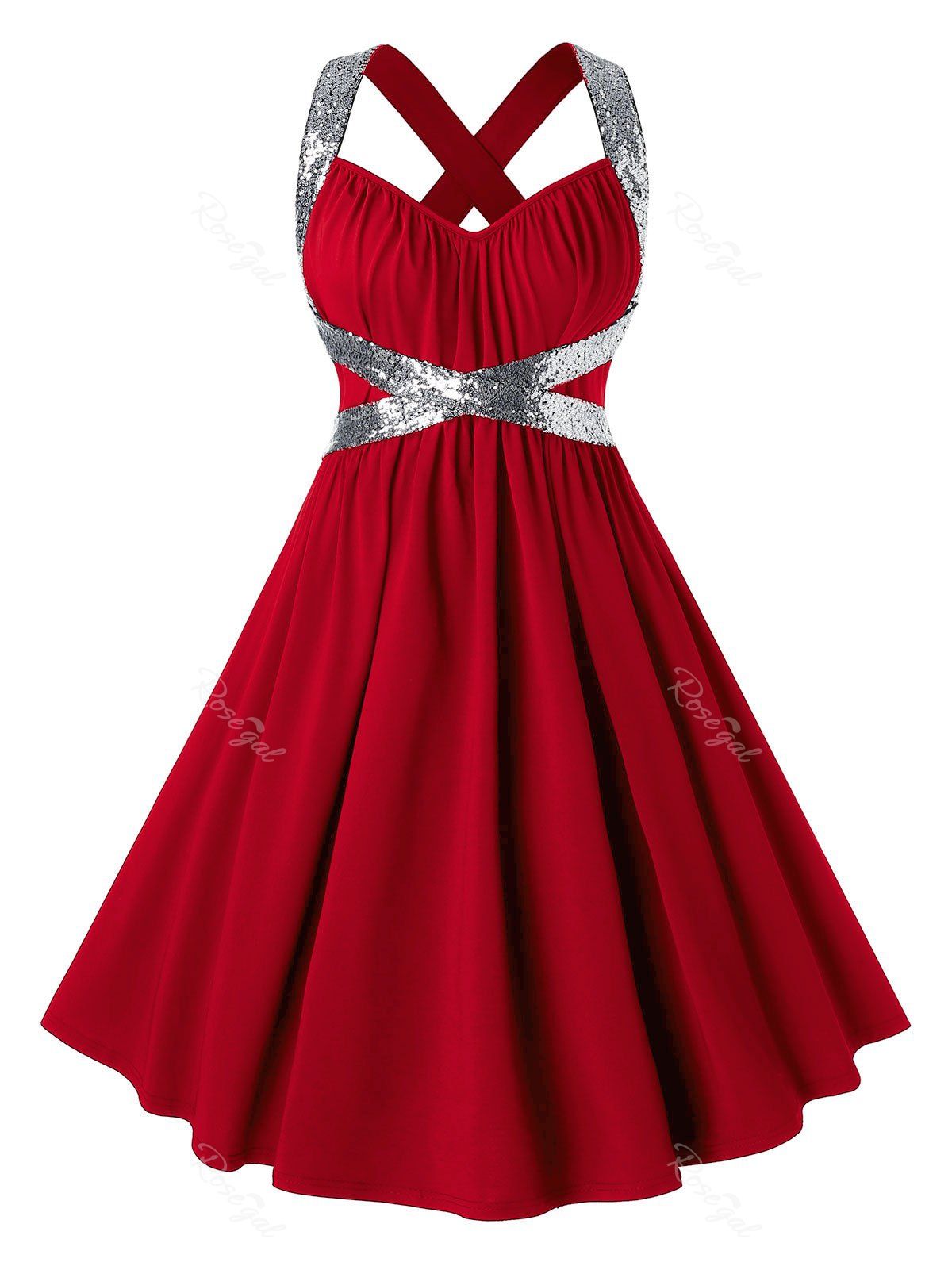 

Plus Size Sequins Criss Cross Semi Formal Dress, Red
