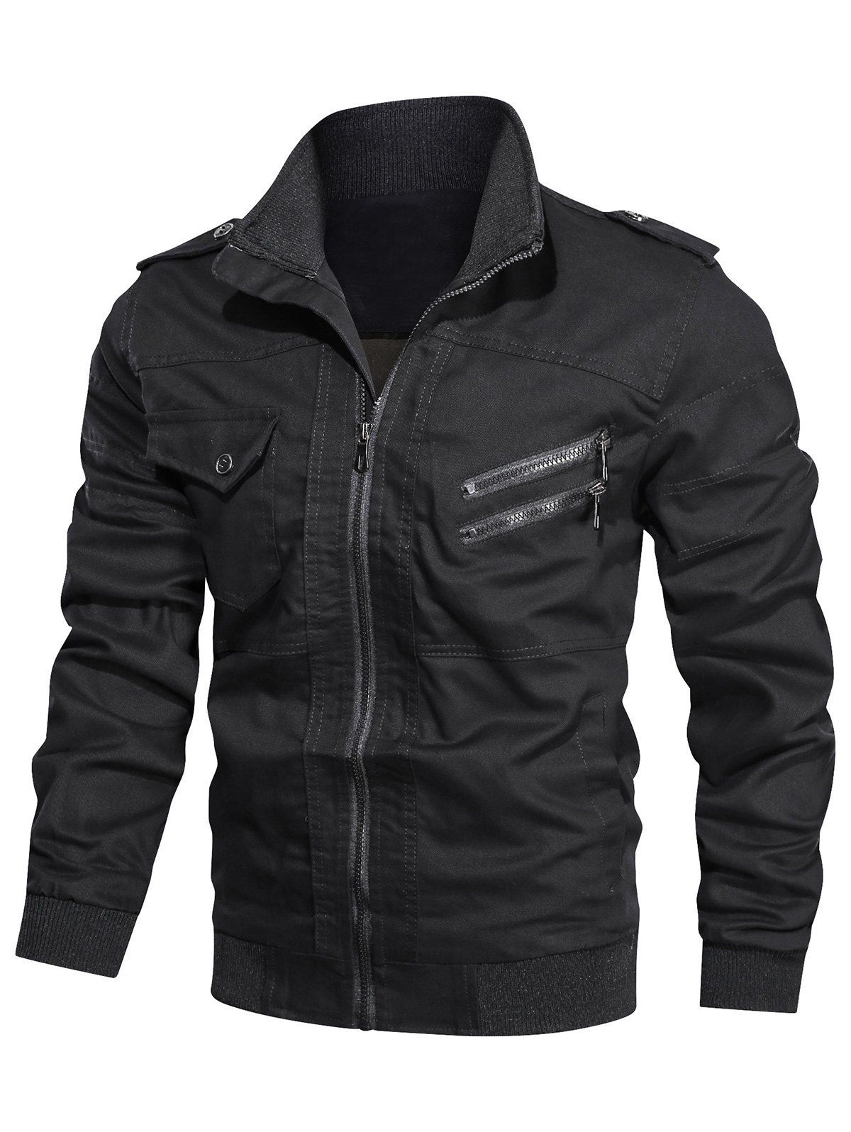 

Solid Color Pocket Decorated Zip Up Jacket, Black