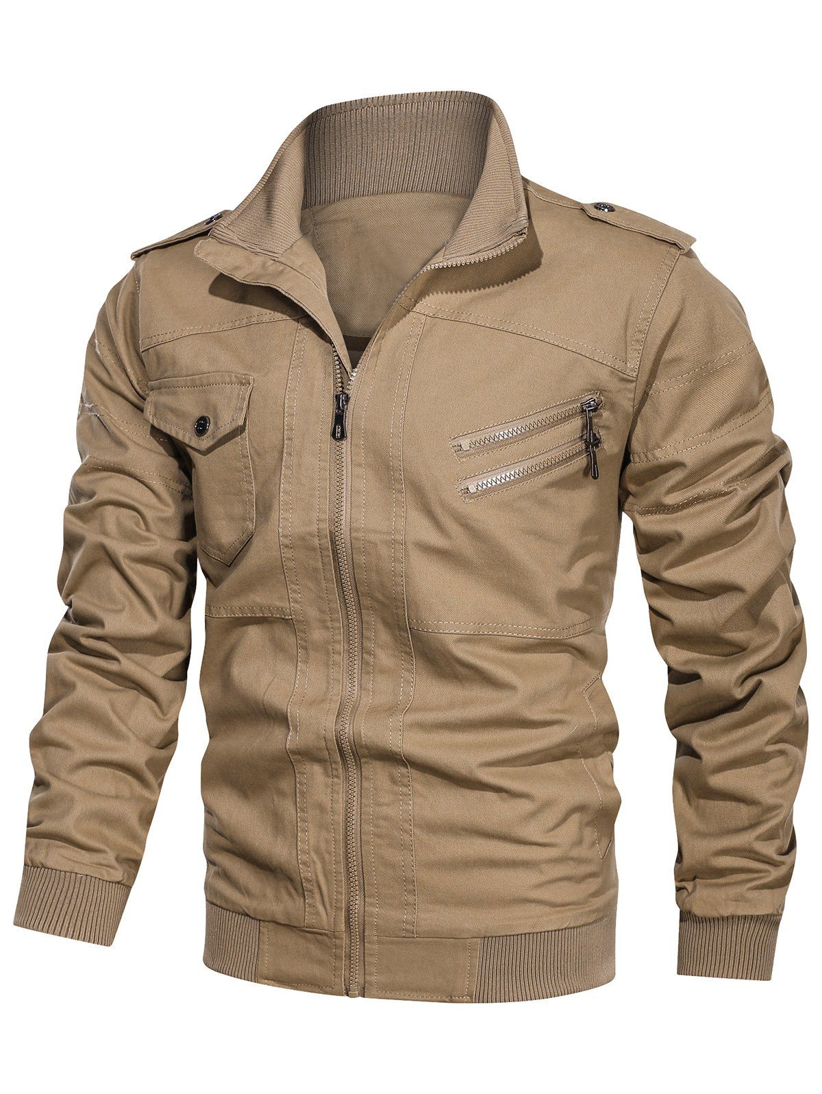 

Solid Color Pocket Decorated Zip Up Jacket, Camel brown