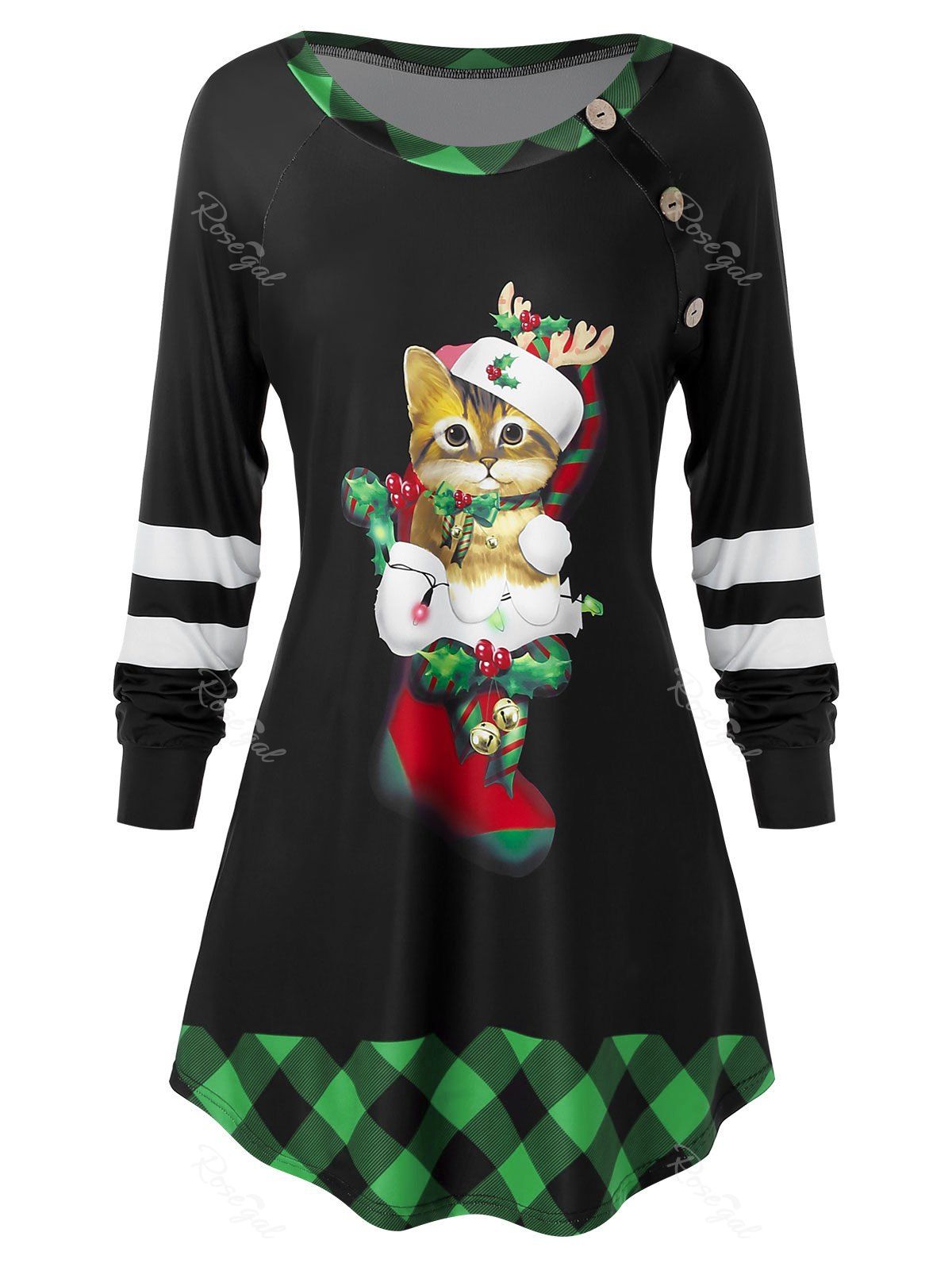 

Plus Size Christmas Funny Cat Plaid Raglan Sleeve Tunic Tee, Sea green