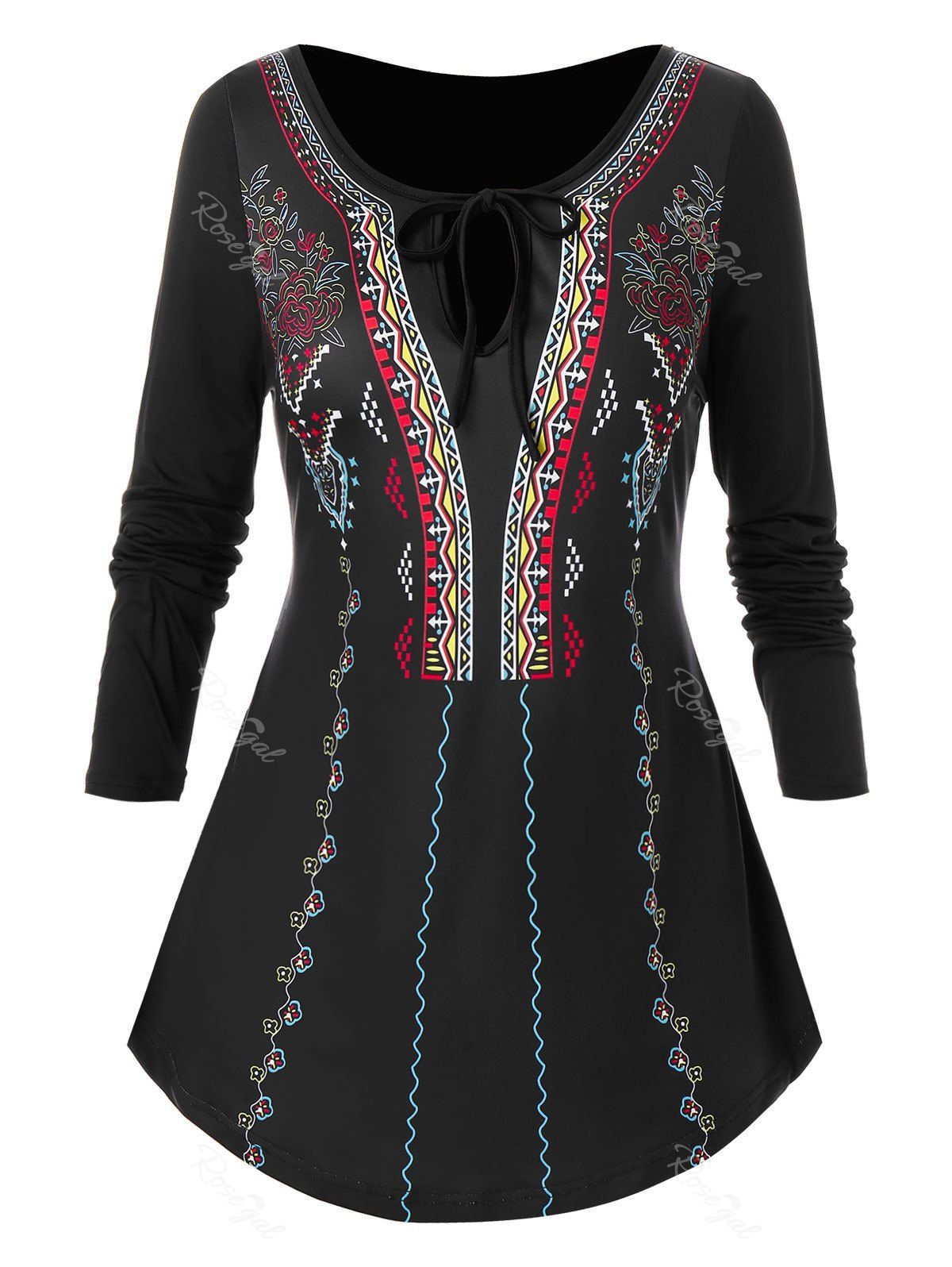 

Plus Size Printed Lace-Up Long Sleeve T-Shirt, Black