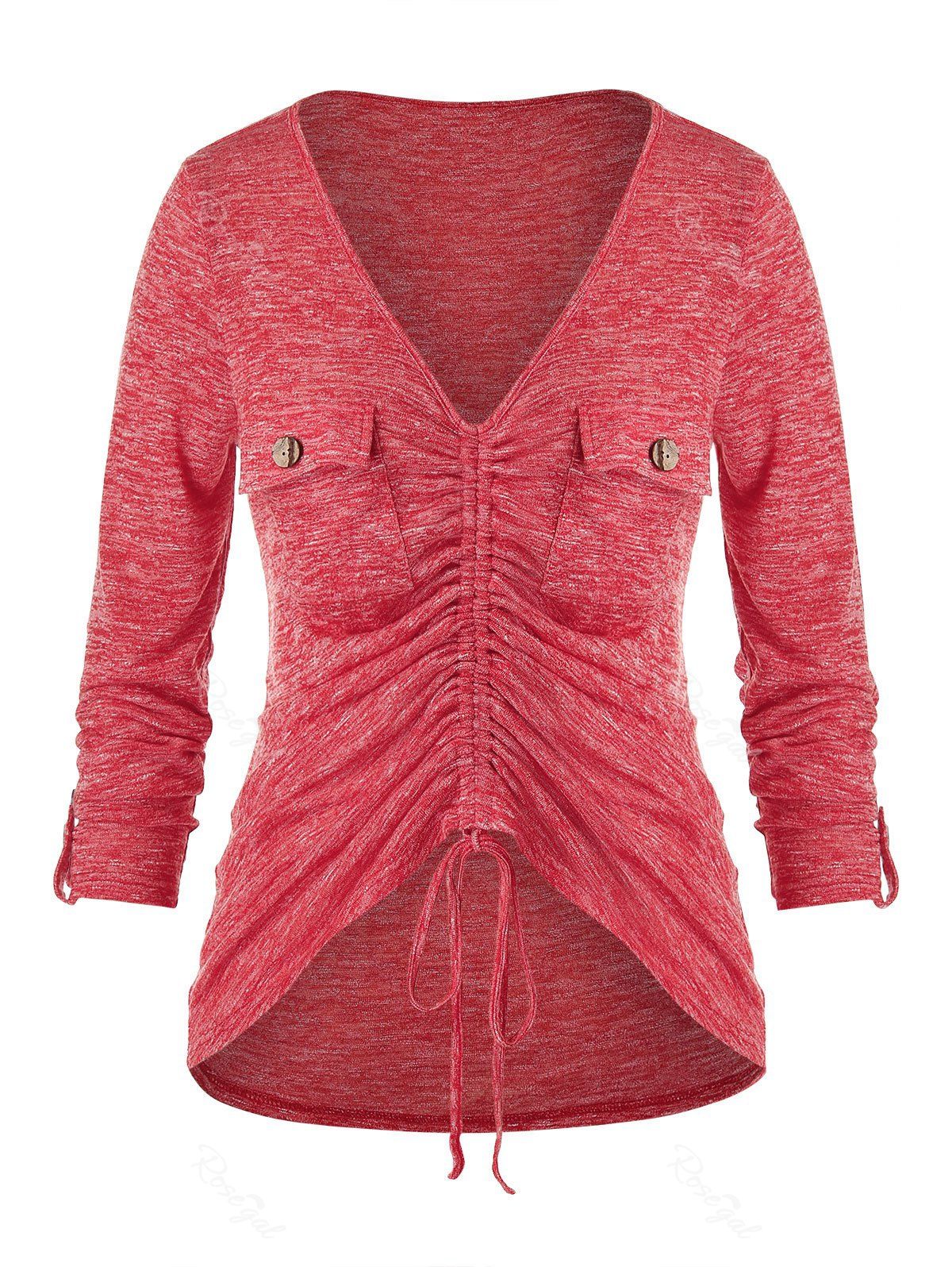 

Plus Size Double Pockets Cinched Heathered Knitwear, Cherry red