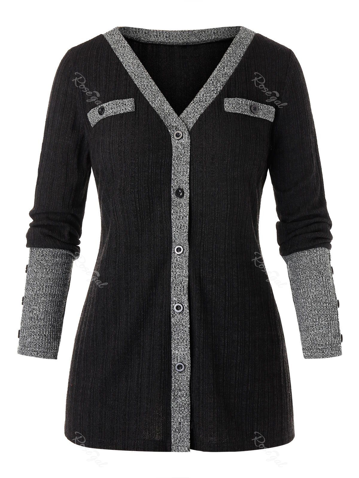 

Plus Size Button Up Contrast Ribbed Cardigan, Black