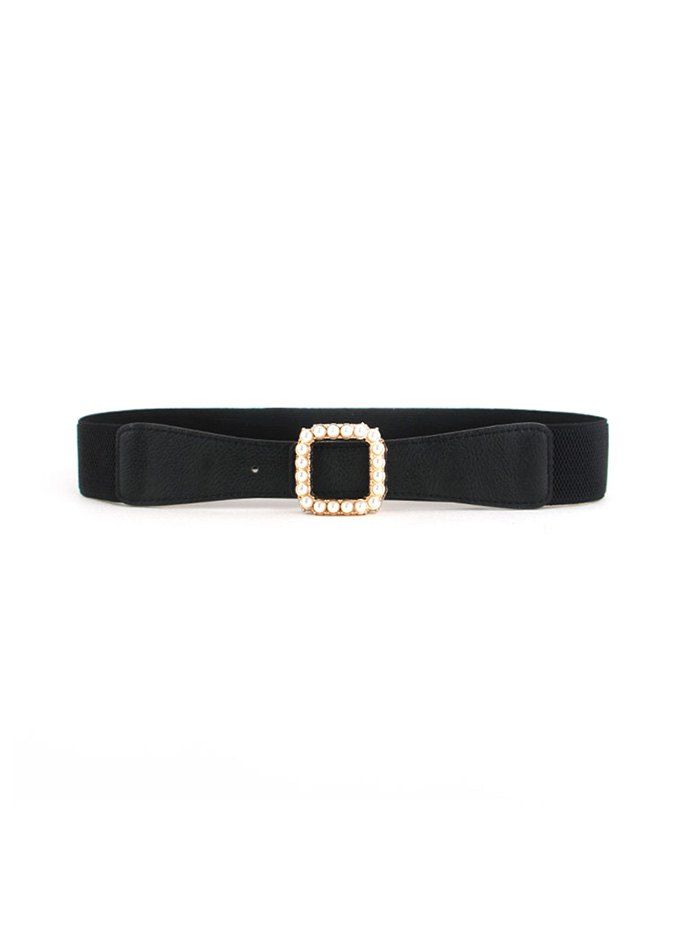 

Faux Pearl Square Buckle Elastic Belt, Black