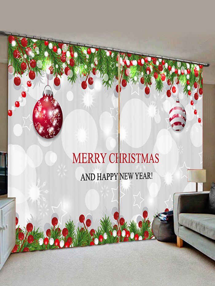 

2 Panels Christmas Tree Balls Greeting Pattern Window Curtains, Platinum