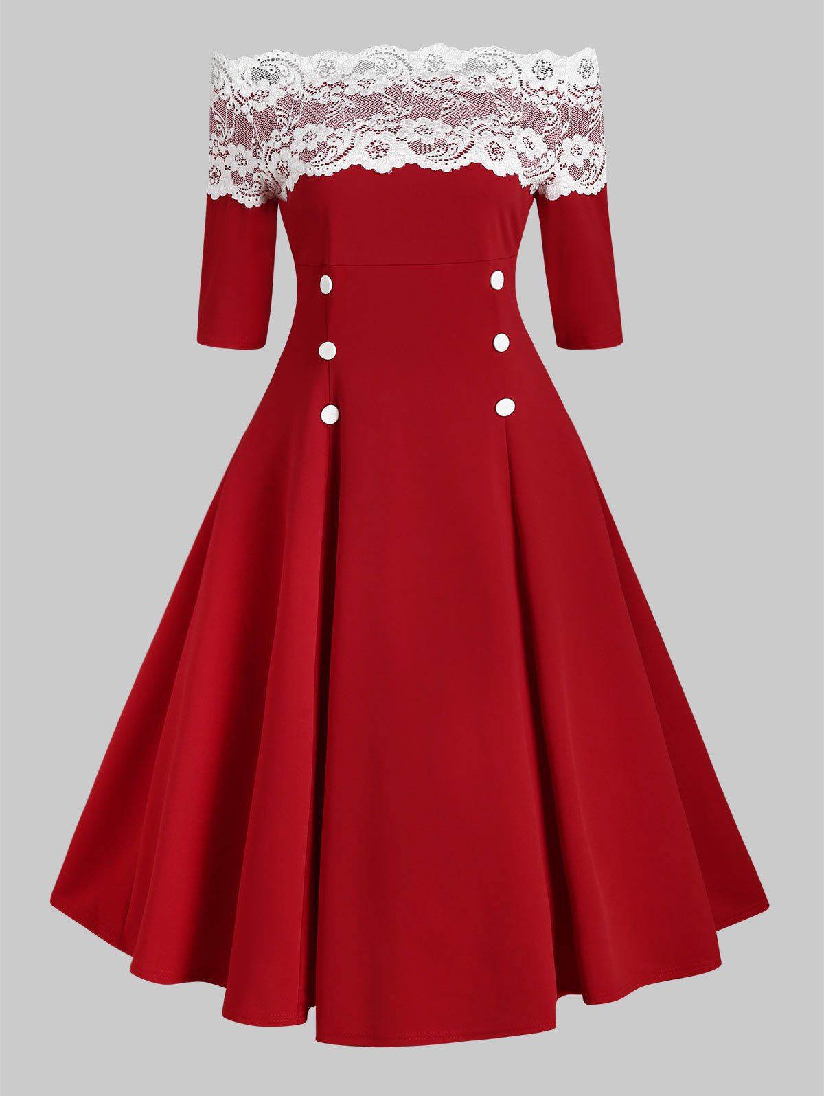 

Lace Insert Off Shoulder Button Embellished Dress, Red
