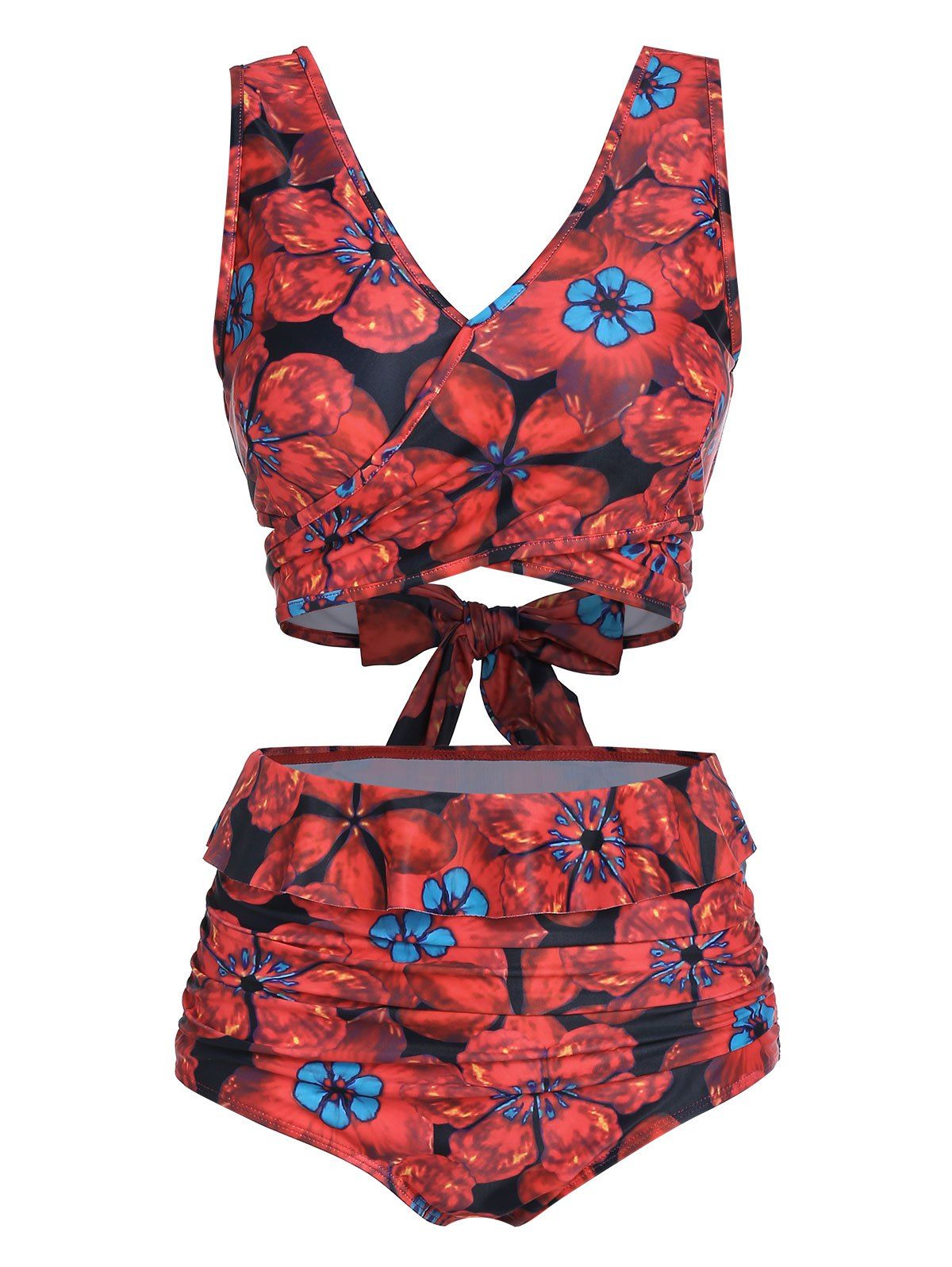 

Floral Print V Neck Back Tie Tankini Swimwear, Red