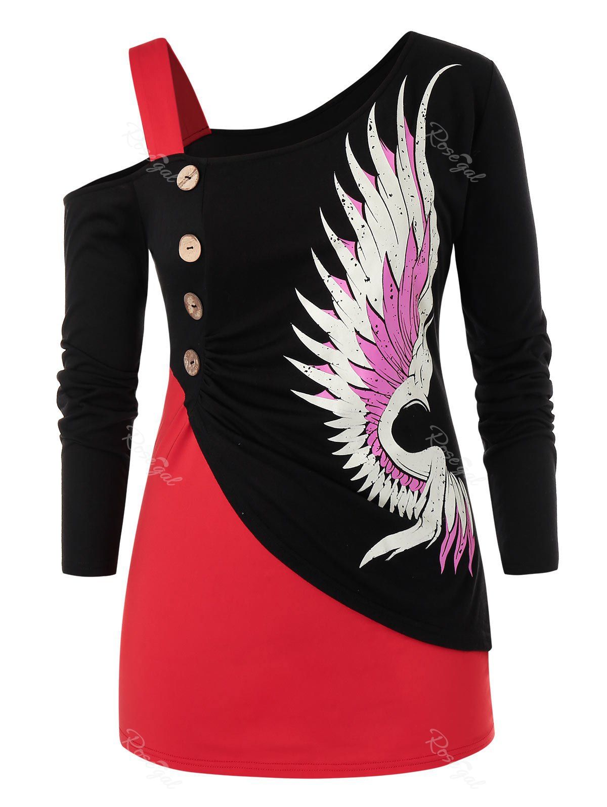 

Plus Size Colorblock Skew Neck Wings Print Graphic T Shirt, Black