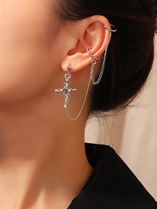 

Punk Rose Cross Chain Ear Cuff, Silver