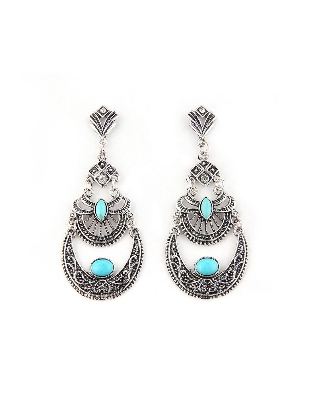 

Hollowed Ethnic Dangle Earrings, Silver
