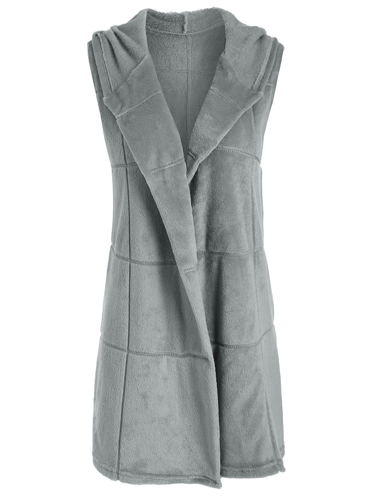 

Topstitching Fluffy Hooded Waistcoat, Gray