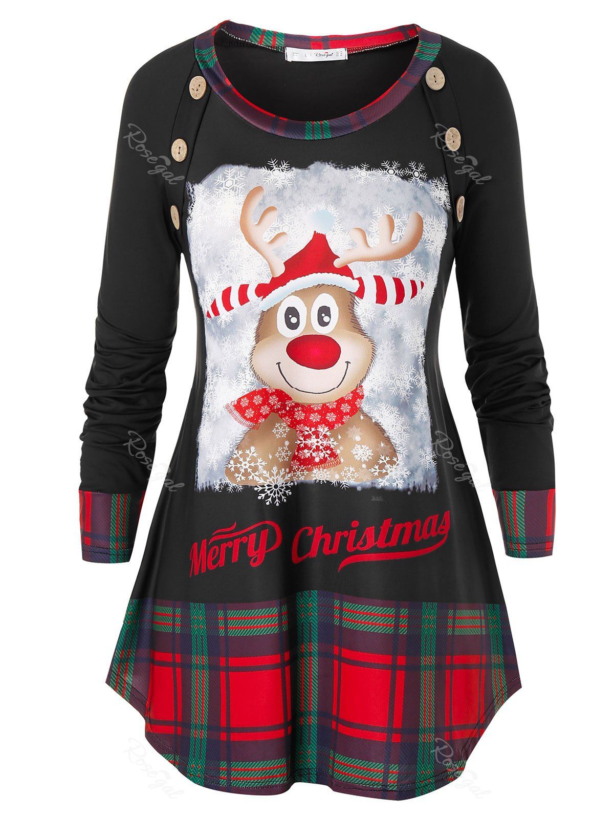 

Plus Size Christmas Plaid Elk Print T Shirt, Black