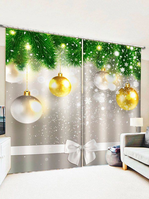 

2 Panels Christmas Tree Balls Bowknot Pattern Window Curtains, Multi