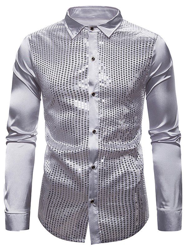 Sequins Panel Button Up Long Sleeve Shirt