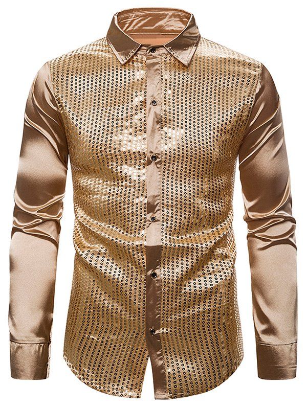 

Sequins Panel Button Up Long Sleeve Shirt, Golden brown