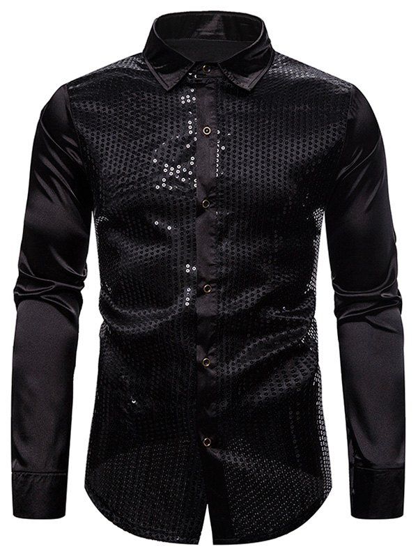 

Sequins Panel Button Up Long Sleeve Shirt, Black