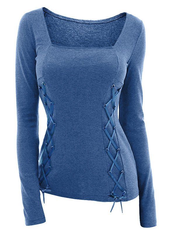 

Plus Size D Ring Lace Up T Shirt, Ocean blue