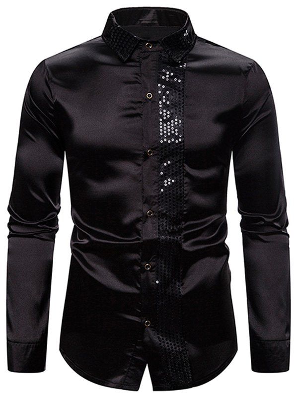 

Shiny Sequins Panel Button Up Shirt, Black