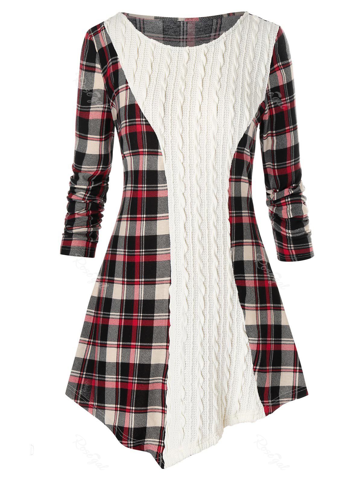 

Plus Size Plaid Cable Knit Panel Asymmetric T Shirt, Multi-a