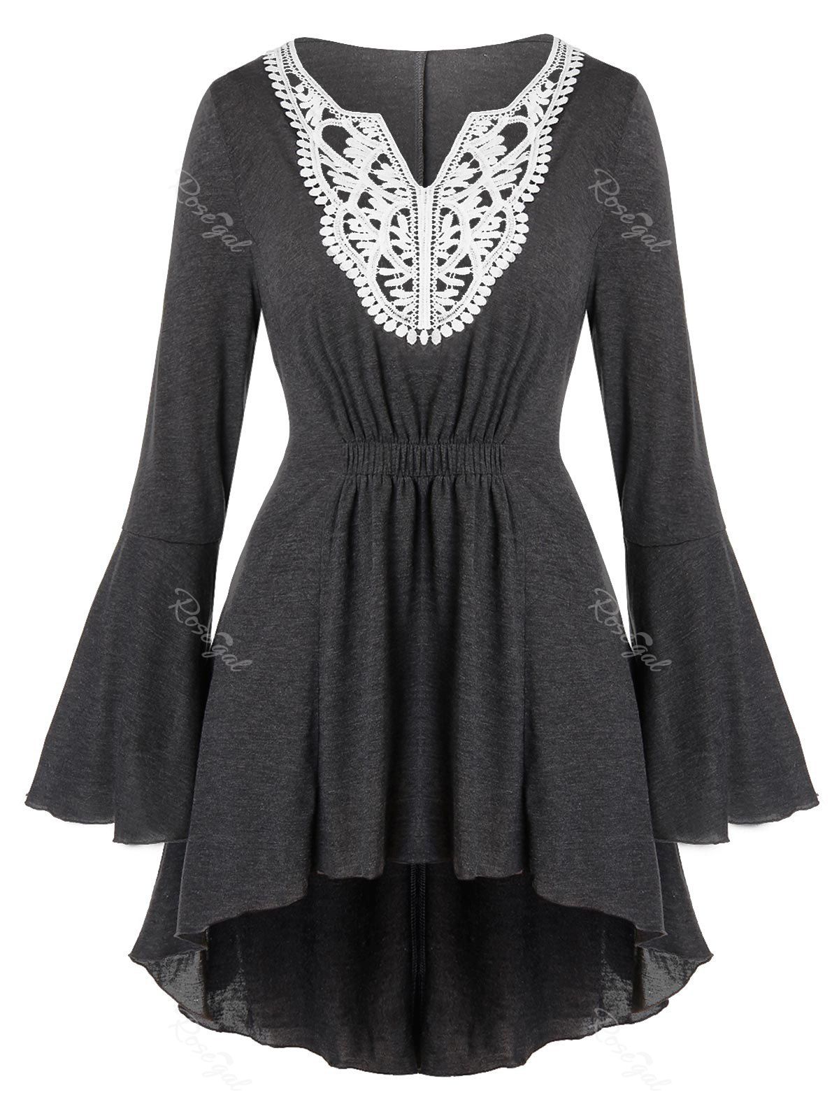 

Plus Size Crochet Panel Flare Sleeve High Low Tee, Jet gray