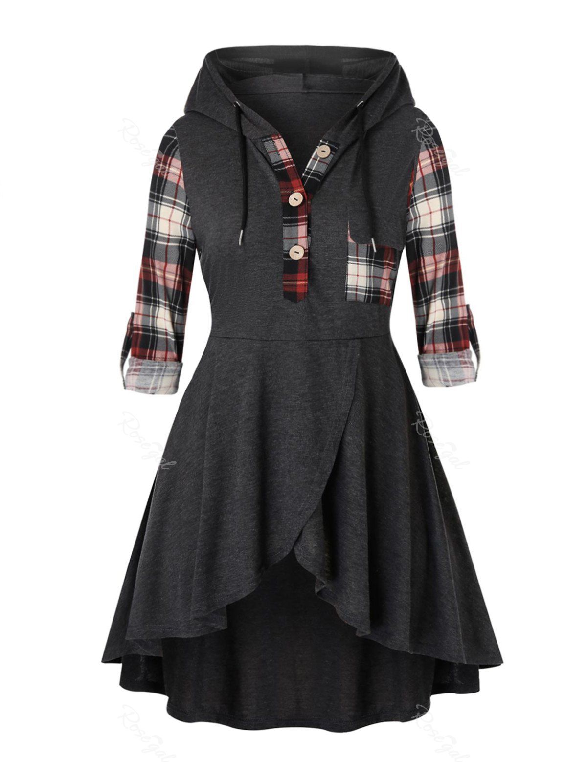 

Plus Size Plaid Placket Roll Tab Sleeve Pocket Tulip Hem Hoodie, Multi