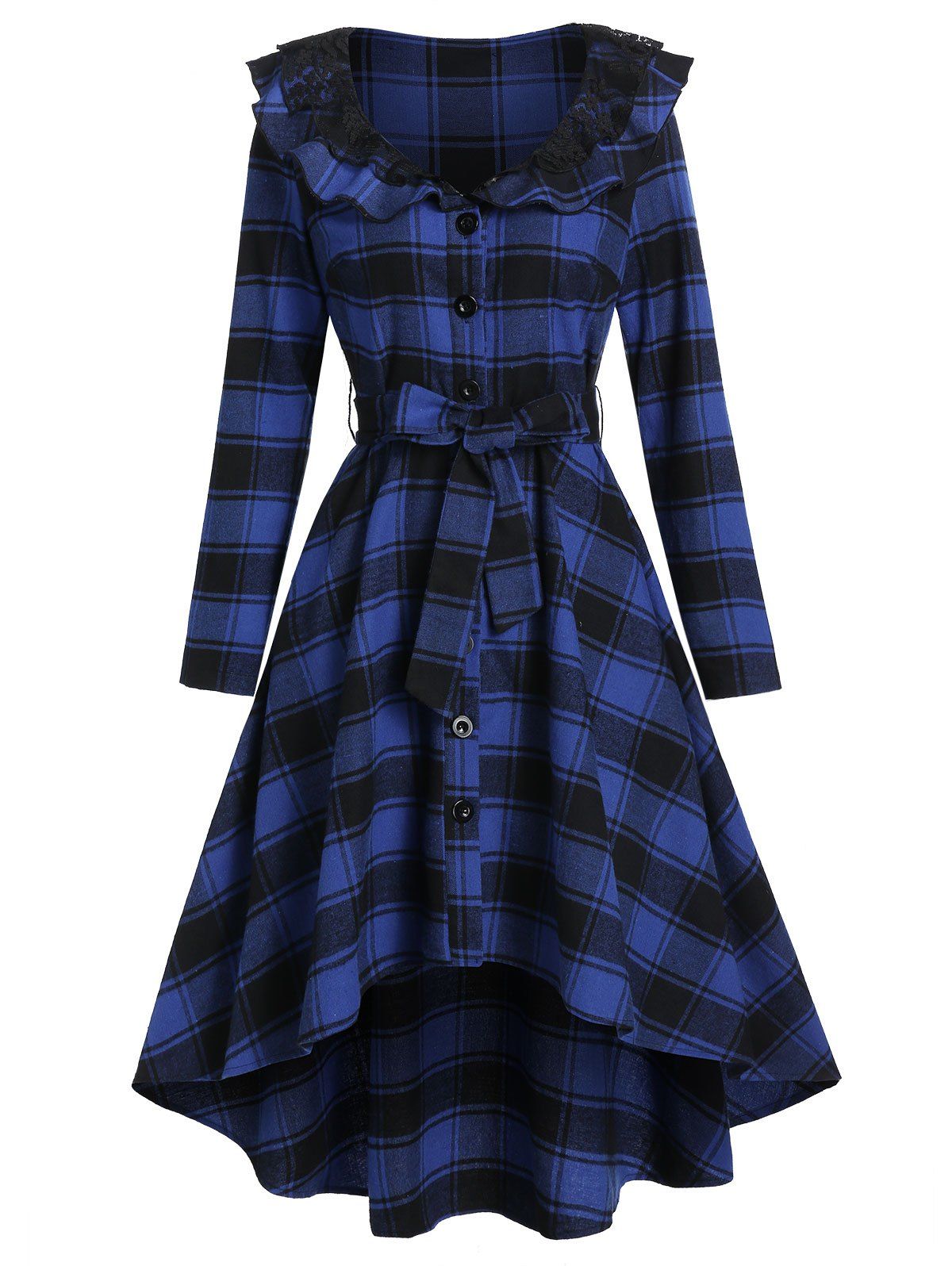 

Plaid Print Belted High Low Shirt Dress, Lapis blue
