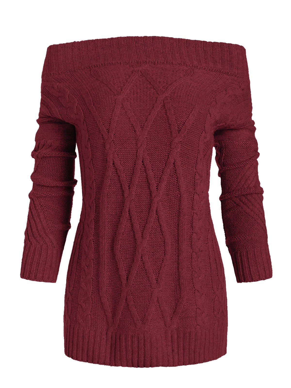 

Off Shoulder Cable Knit Loose Sweater, Red wine