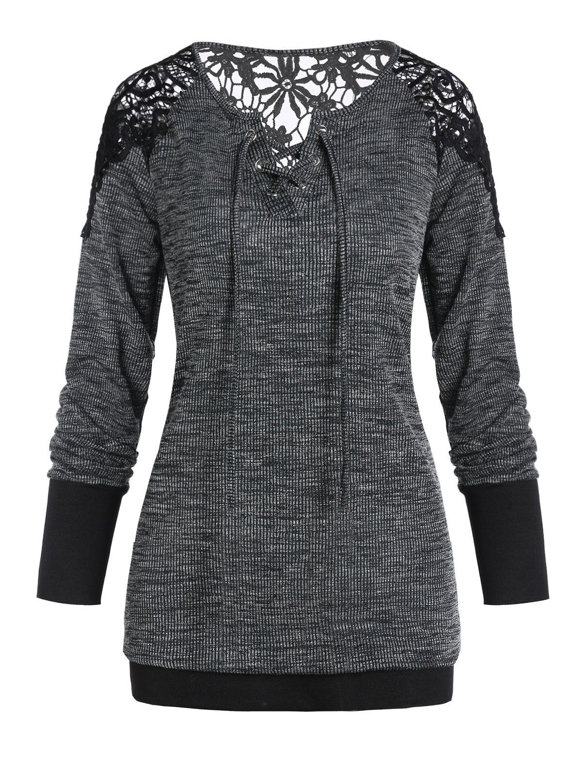 

Lace Insert Lace-up Heathered Rib-knit Trim Sweatshirt, Dark gray