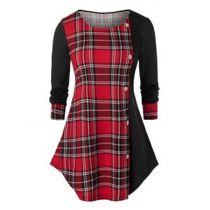 

Plus Size Plaid Print Mock Button Curved Hem T-shirt, Cherry red