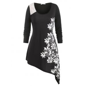 

Plus Size Asymmetrical Floral Print T Shirt, Black
